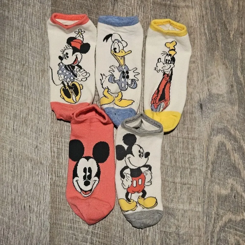 Disney Ankle Socks Lot of 5 Donald, Mickey (2), Minnie, and Goofy Size 5-8 Kids
